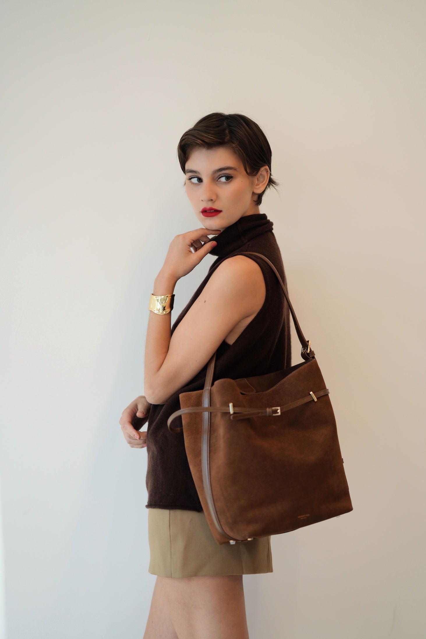 Toffee Suede Belted Tote Bag