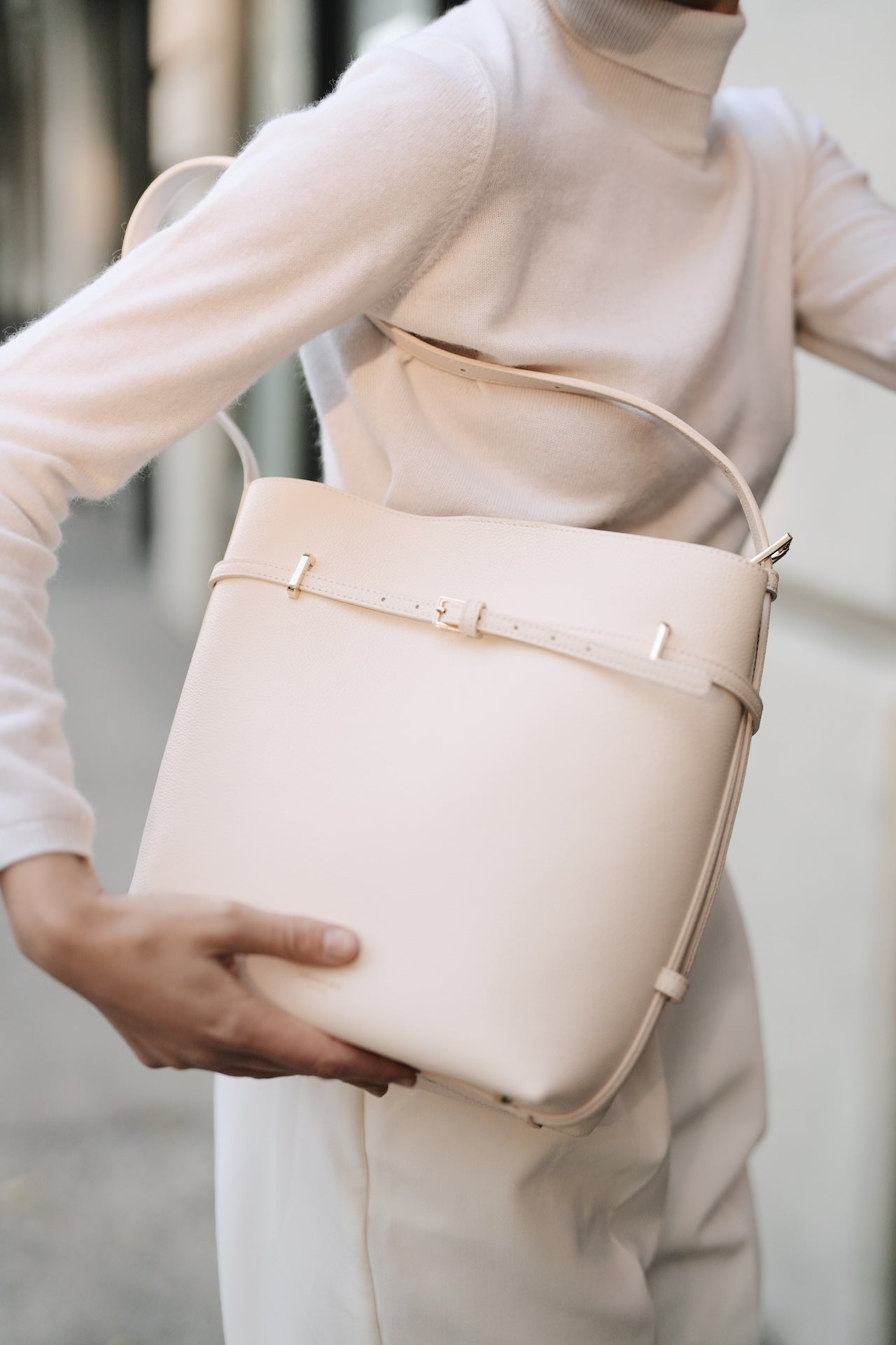 Small Ivory Belted Tote Bag