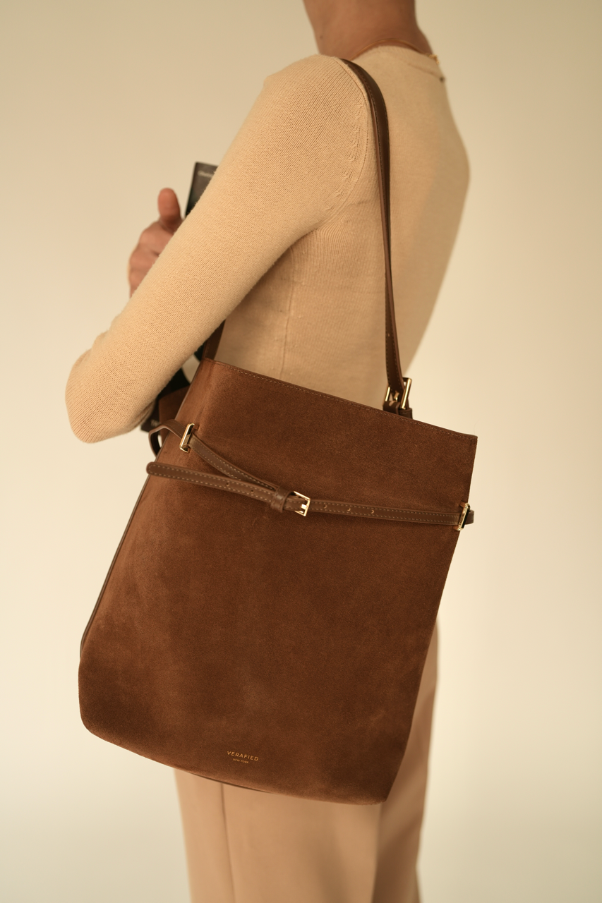 Toffee Suede Belted Tote Bag