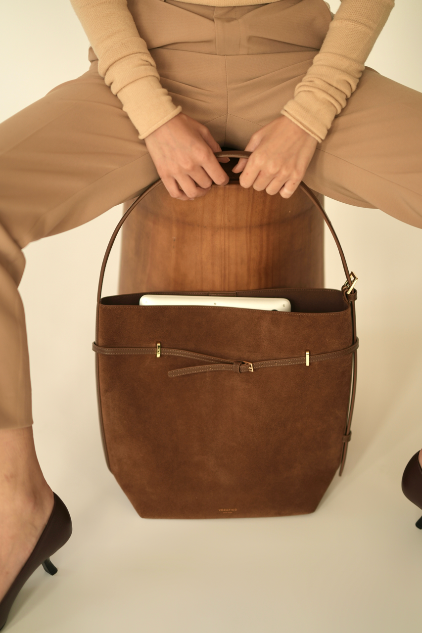 Toffee Suede Belted Tote Bag