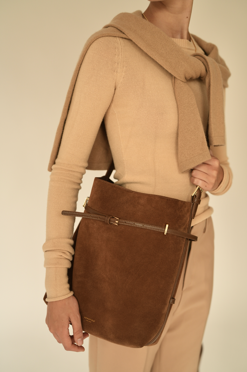 Toffee Suede Belted Tote Bag