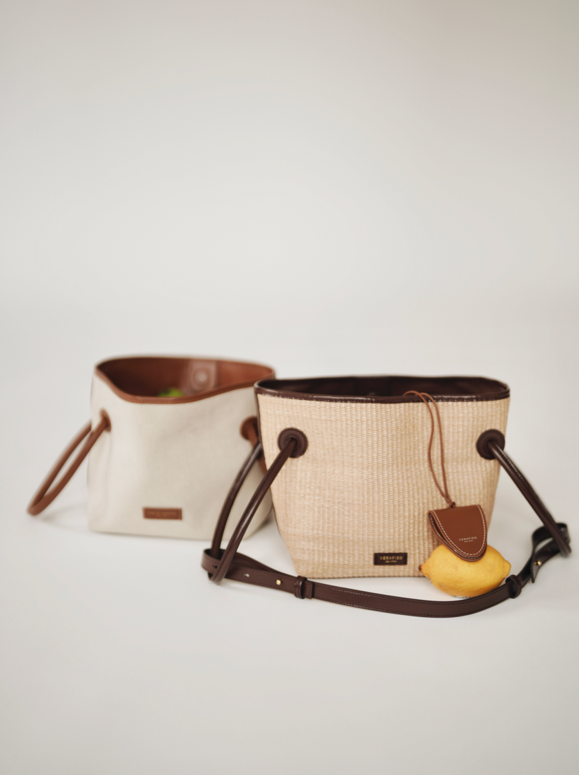 Leather-trimmed Raffia Bucket Bag