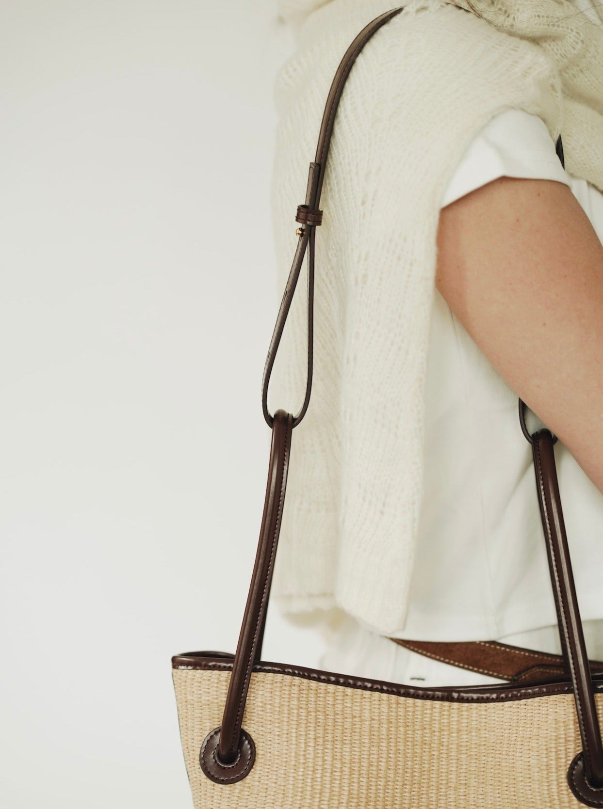 Leather-trimmed Raffia Bucket Bag