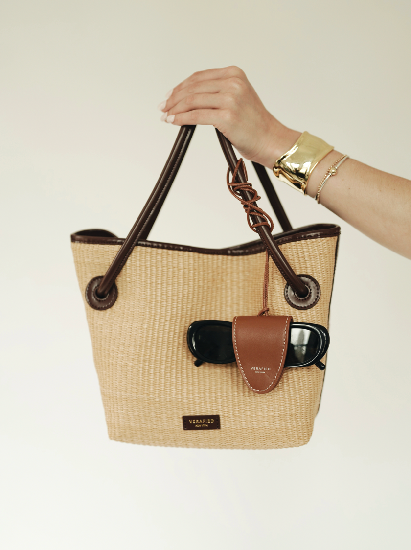 Leather-trimmed Raffia Bucket Bag