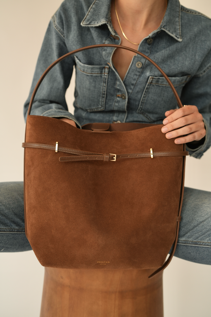 Toffee Suede Belted Tote Bag