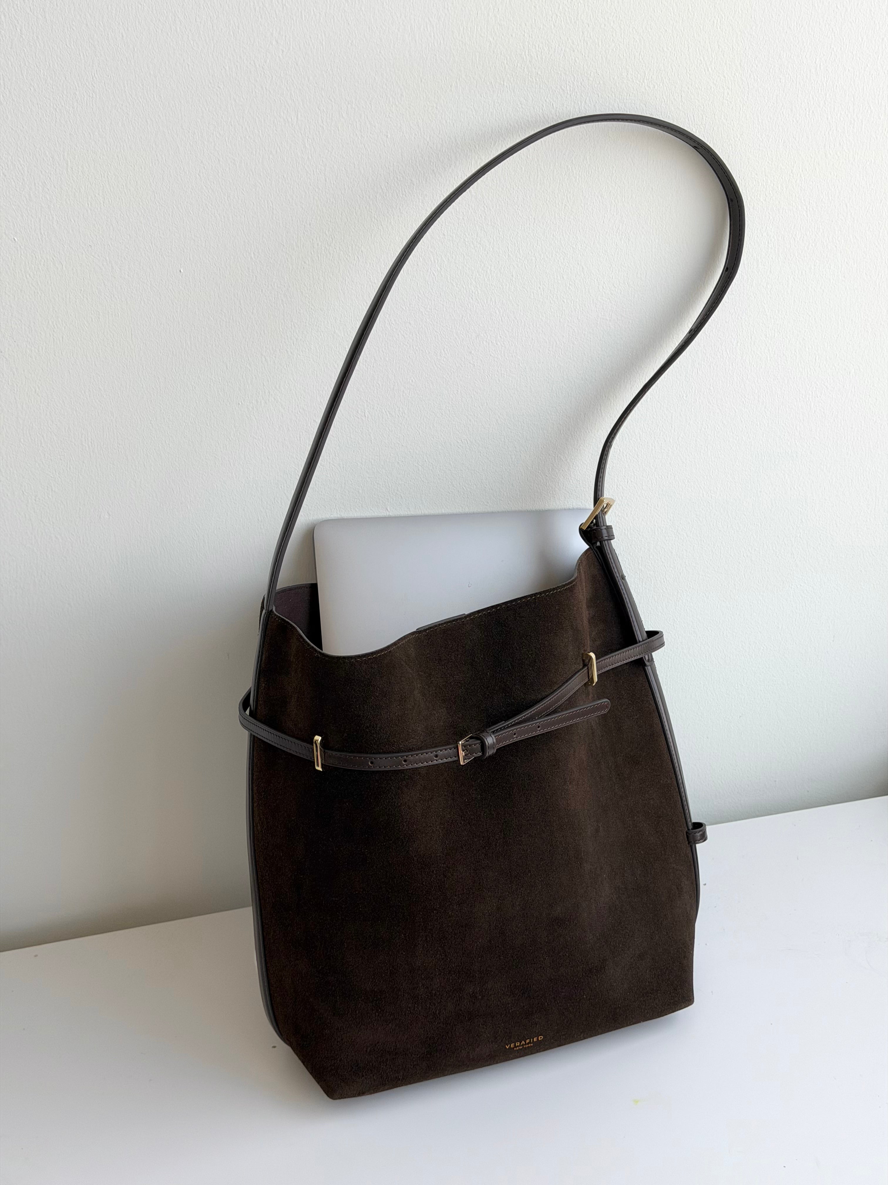 Brown Espresso Suede Belted Tote Shoulder Bag on a white surface with a light gray background