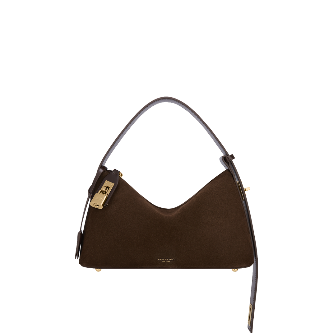 Gold Espresso Suede Hobo Shoulder Handbag 