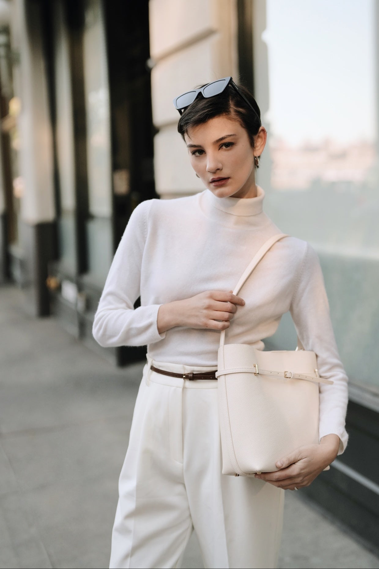 Small Ivory Belted Tote Bag