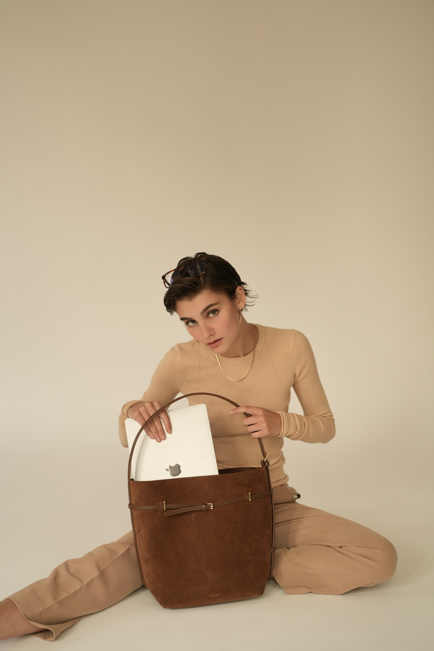 Toffee Suede Belted Tote Bag