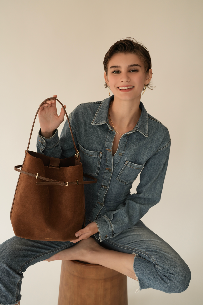 Toffee Suede Belted Tote Bag