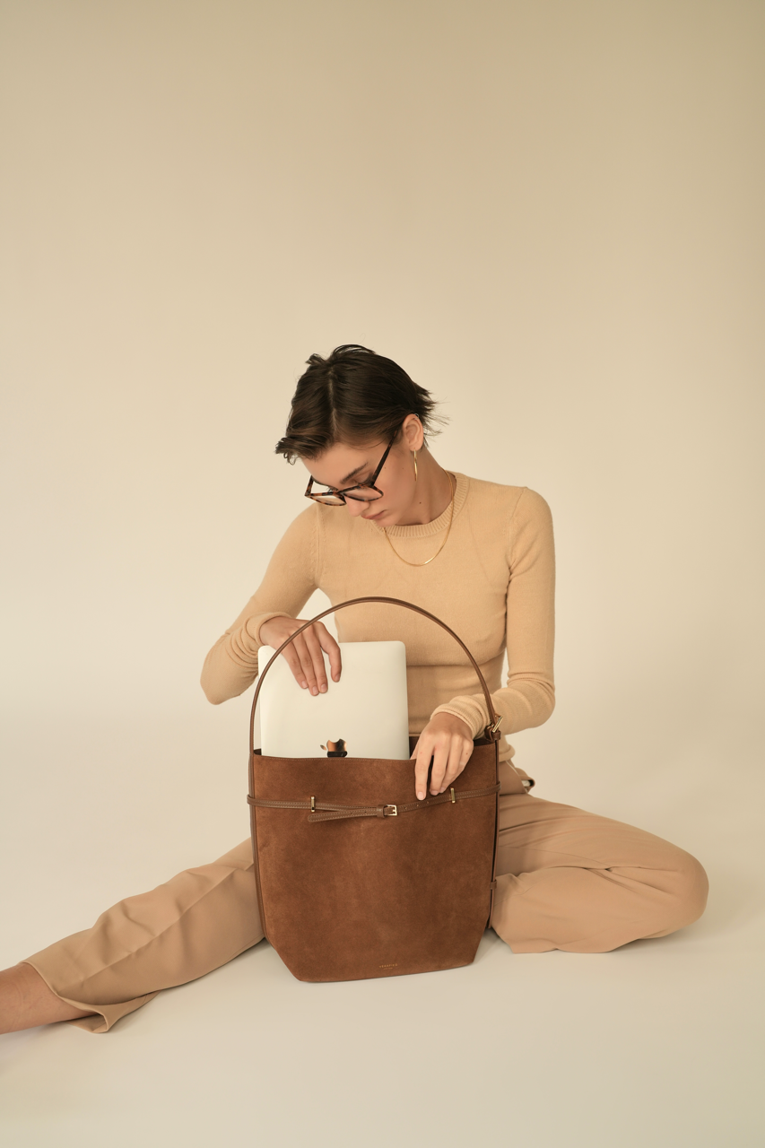 Toffee Suede Belted Tote Bag