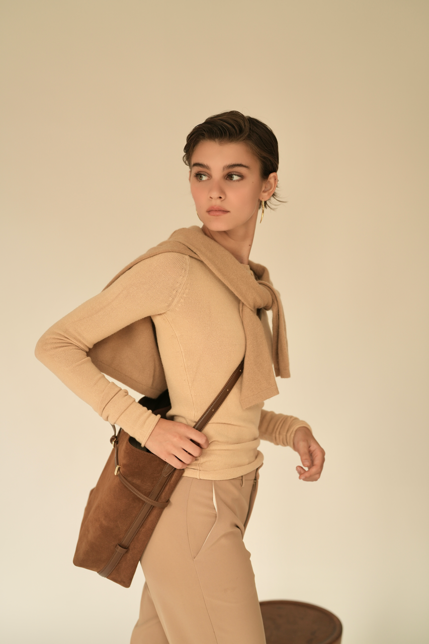 Toffee Suede Belted Tote Bag - Verafied New York Toffee Suede Belted Tote Bag - Verafied New York