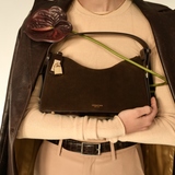 Gold Espresso Suede Hobo Shoulder Handbag with a model