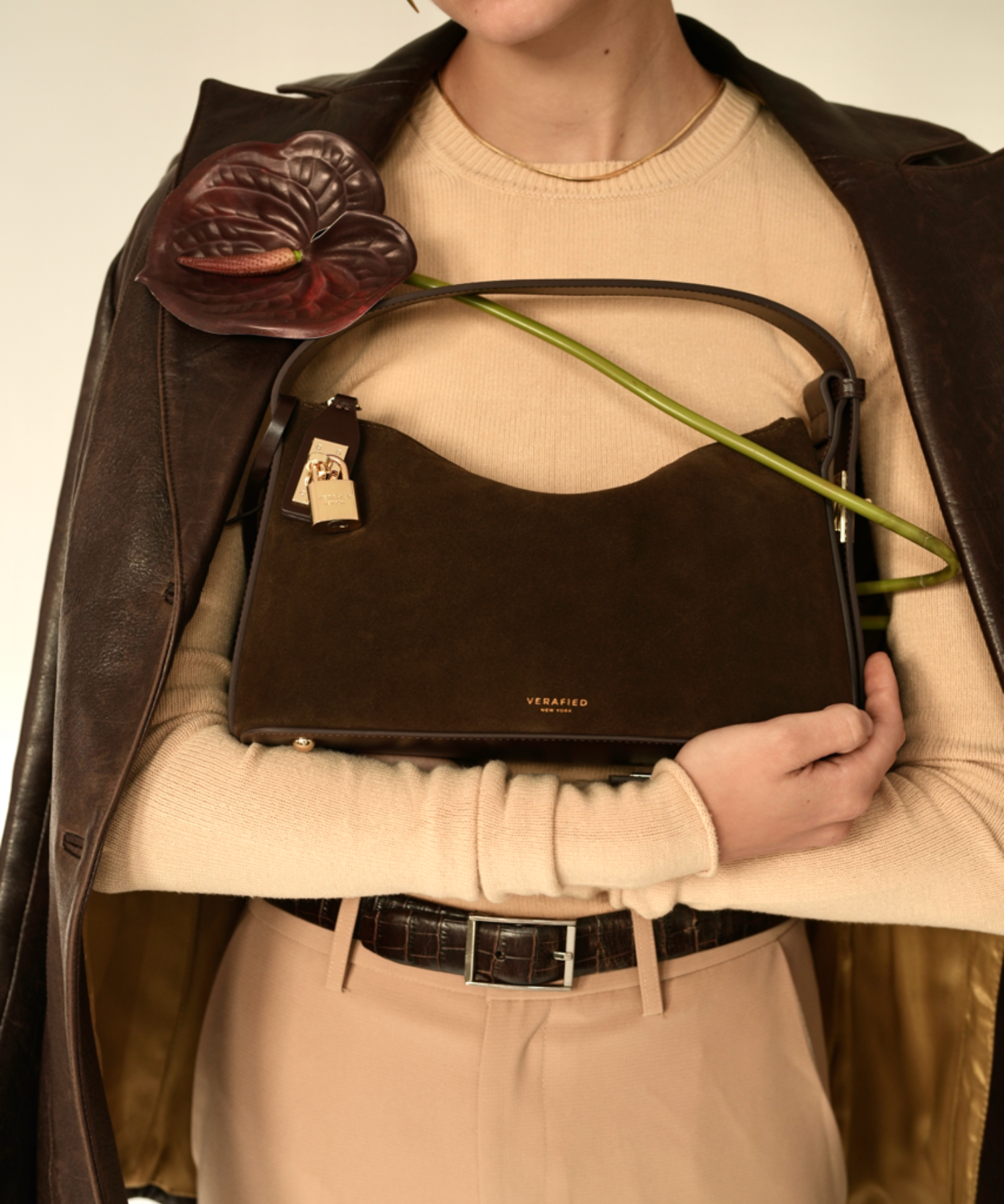 Gold Espresso Suede Hobo Shoulder Handbag with a model