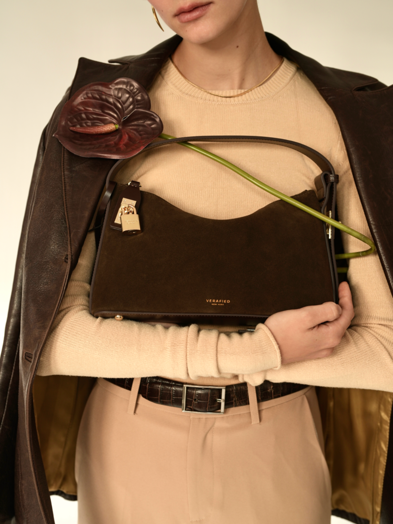 Gold Espresso Suede Hobo Shoulder Handbag with a model