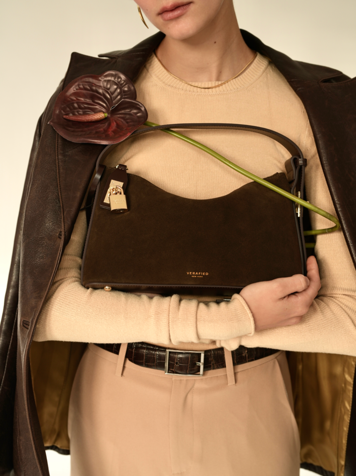 Gold Espresso Suede Hobo Bag