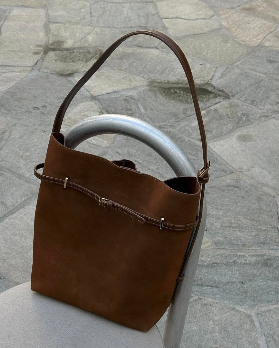 Toffee Suede Belted Tote Bag - Verafied New York Toffee Suede Belted Tote Bag - Verafied New York