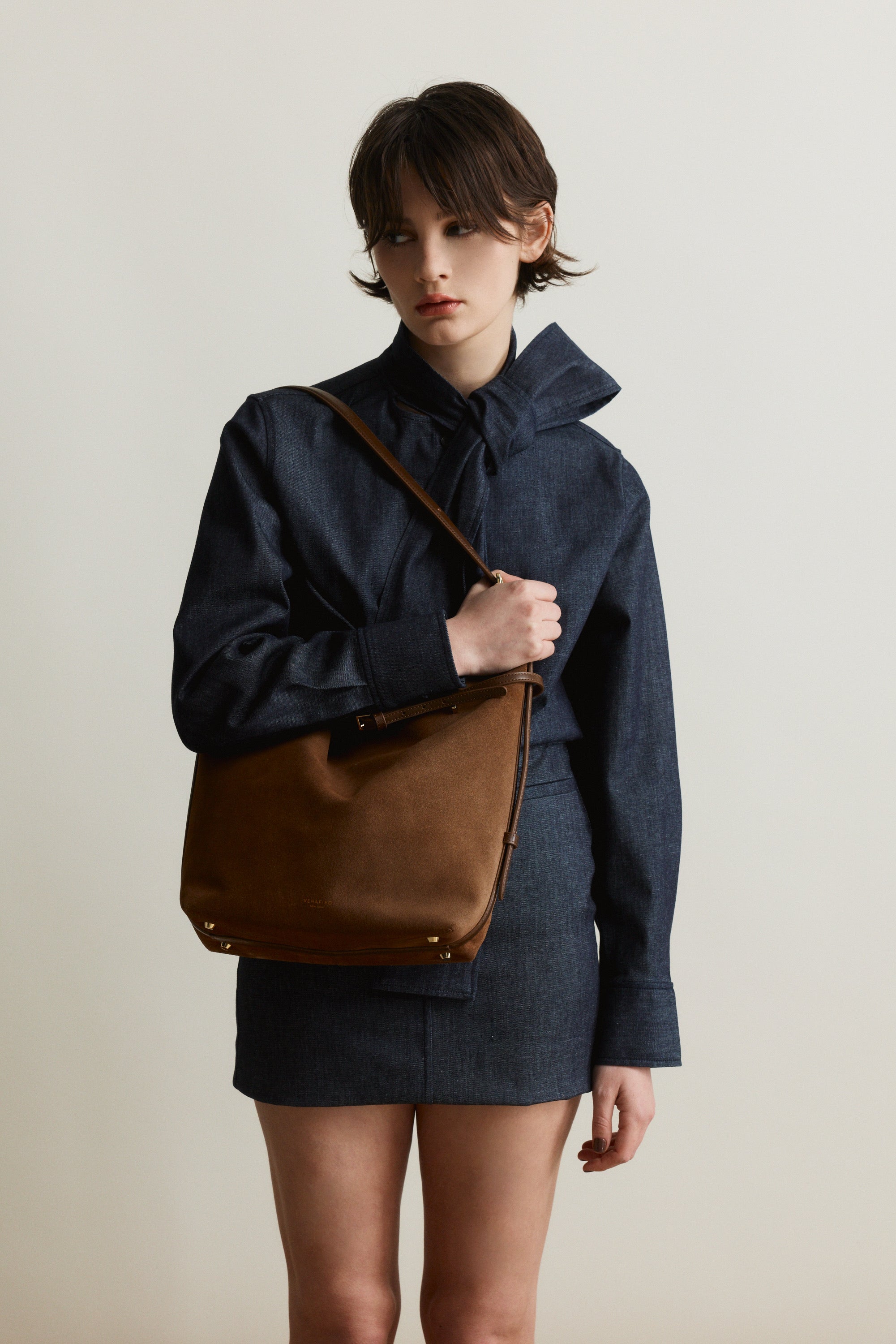 Toffee Suede Belted Tote Bag