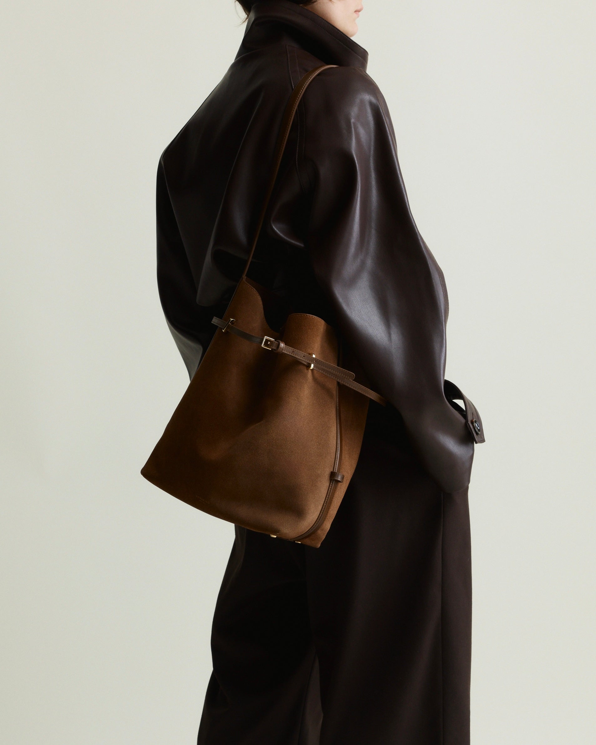 Toffee Suede Belted Tote Shoulder Bag - Verafied New York