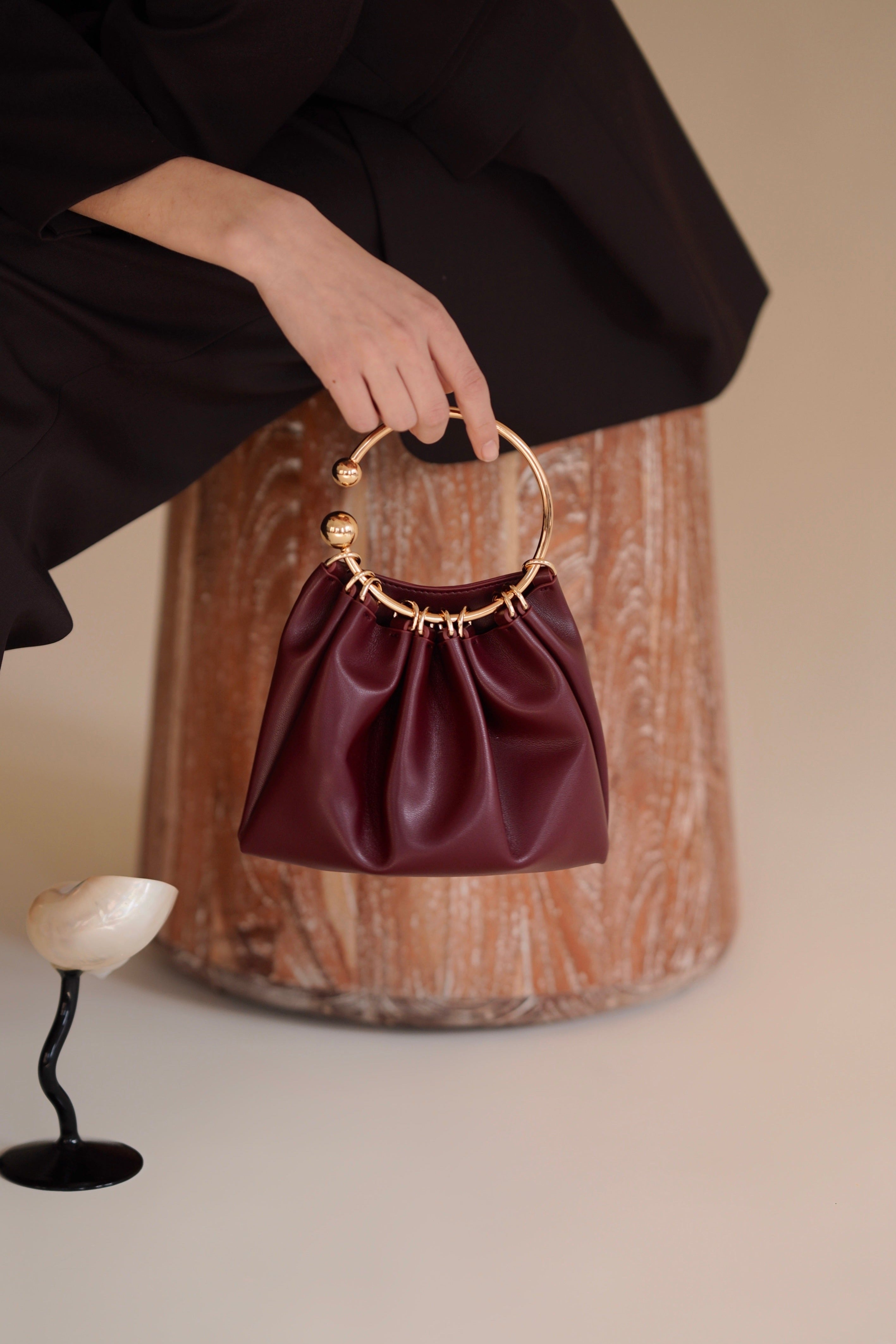 Burgundy Circle Ring Mini Handle Bag