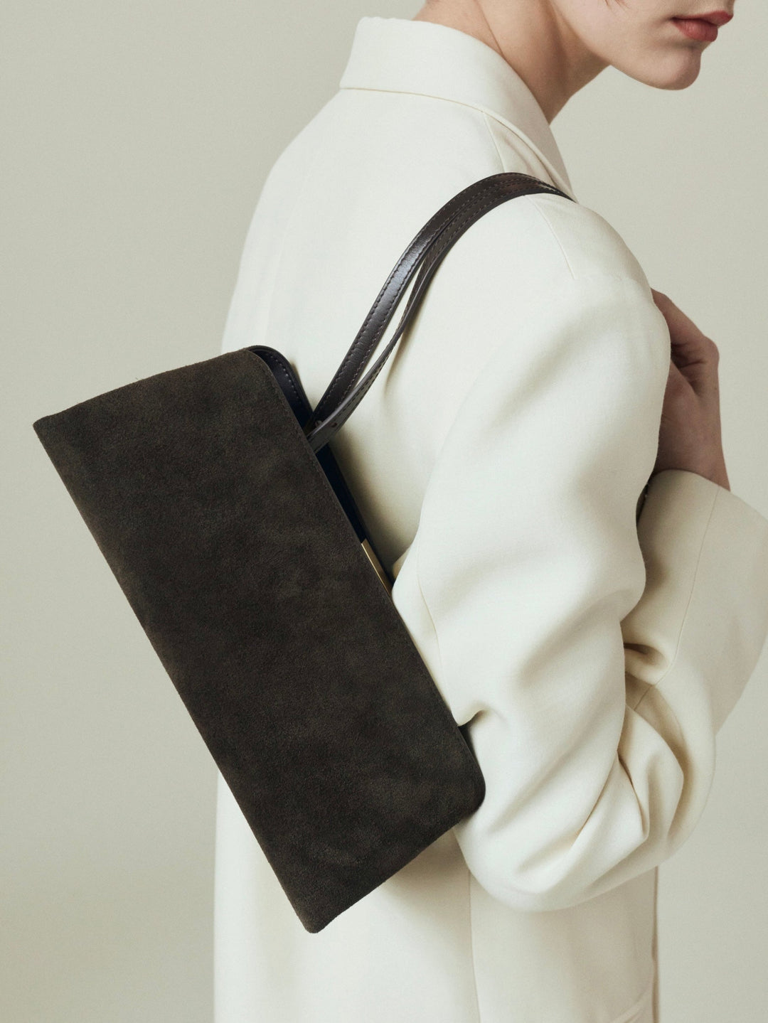 Espresso Suede Éclair Bag: Clutch Handbag - Verafied New York