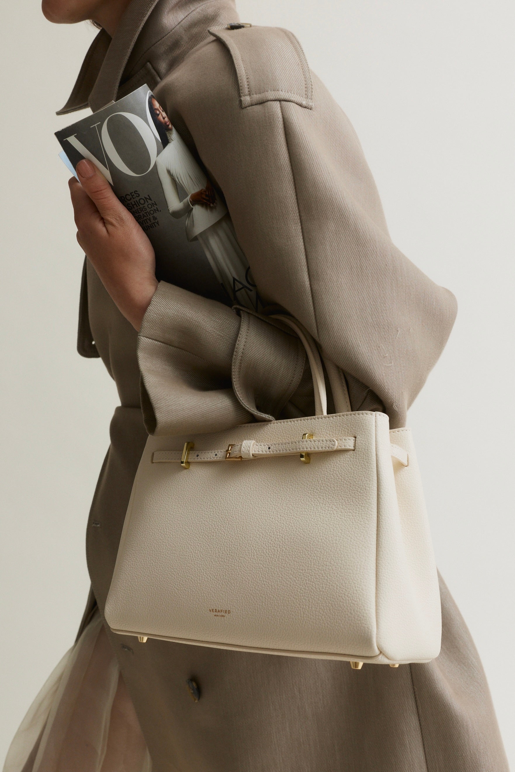 Ivory Leather Book Tote Handbag - Verafied New York