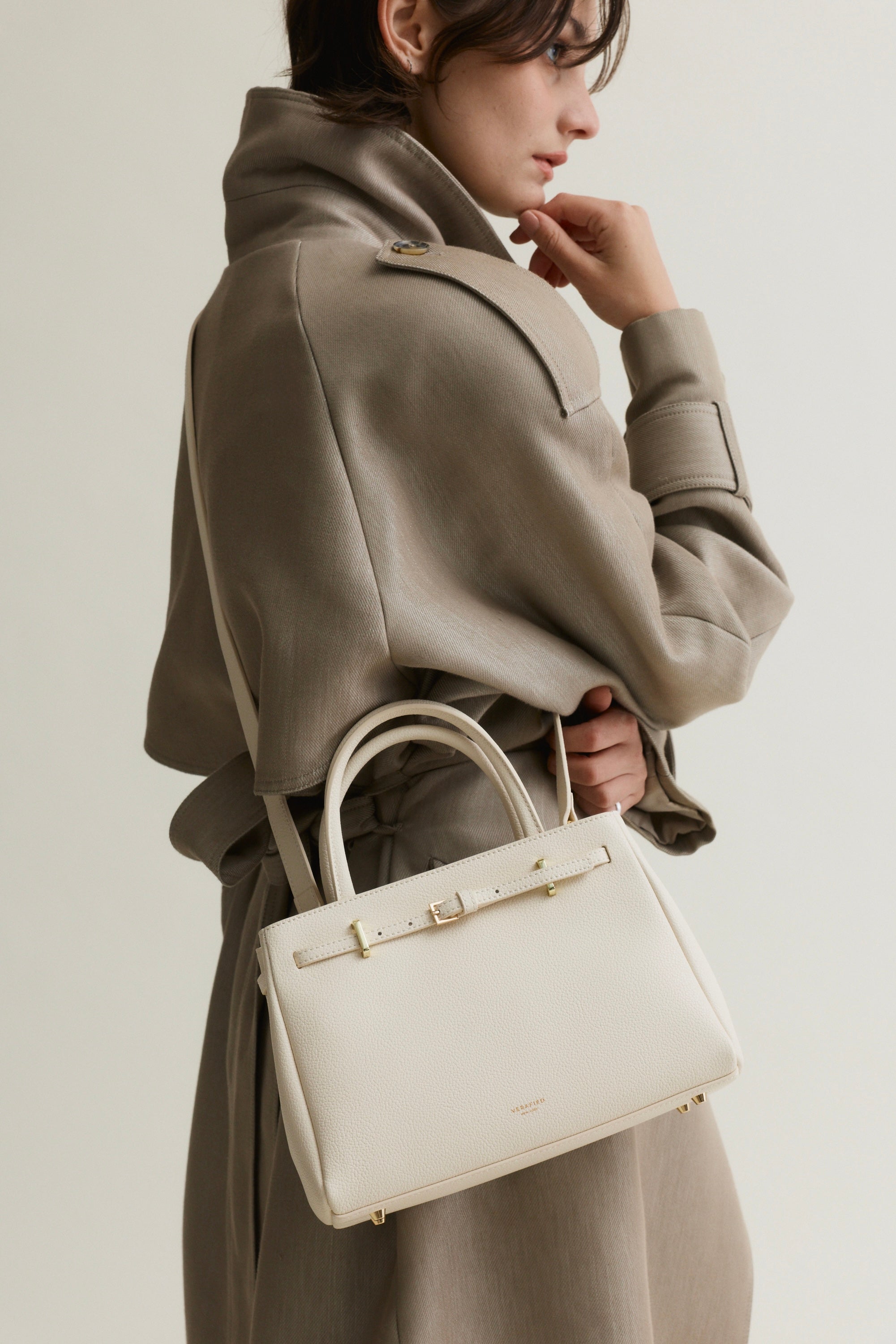Ivory Leather Book Tote Handbag - Verafied New York