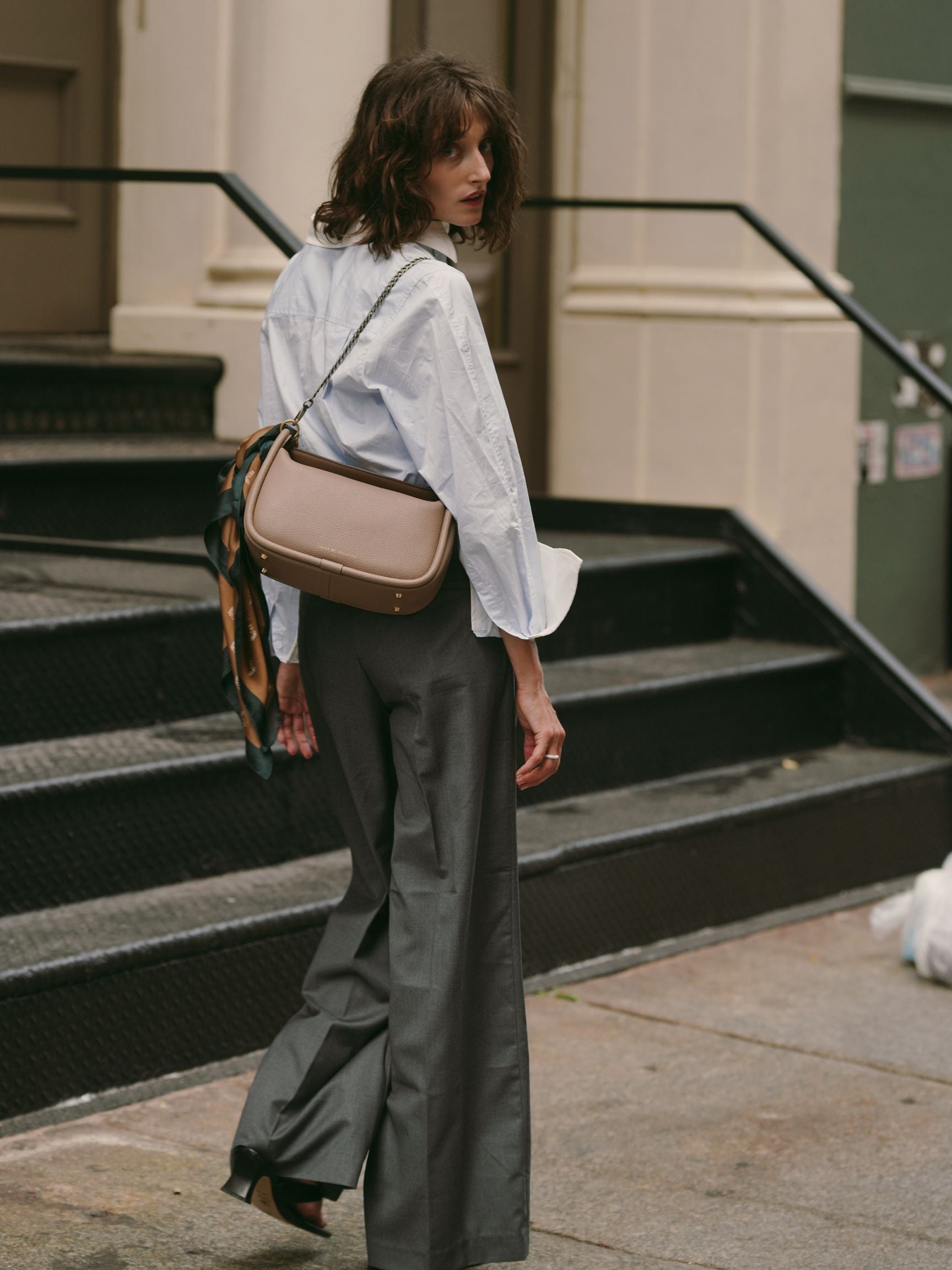 Grey pleated wide outlet leg trousers